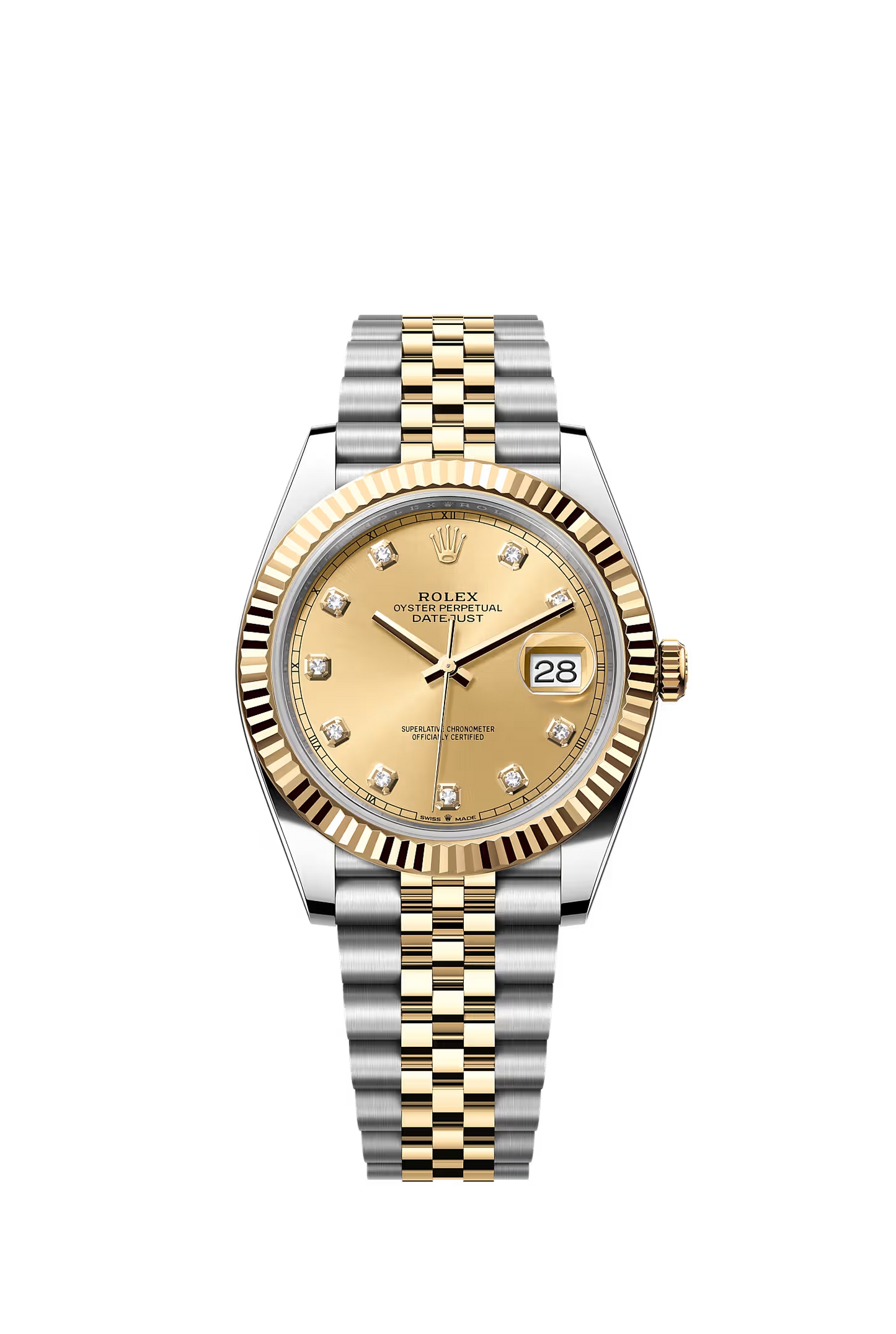 Rolex Datejust 41 126303 — Champagne Diamond Dial, Fluted Bezel, Jubilee