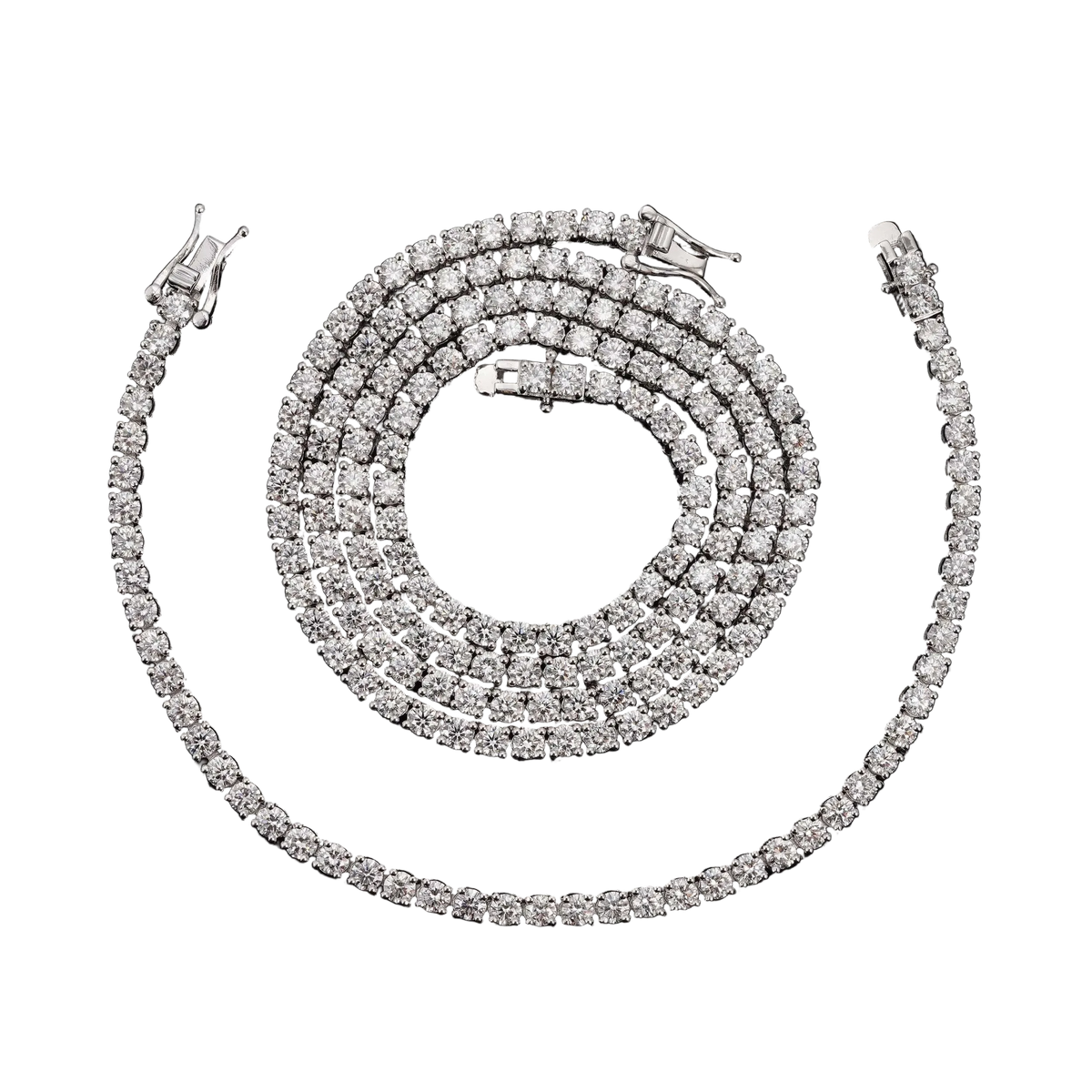 A silver-toned diamond tennis necklace coiled in a circle on a black background.