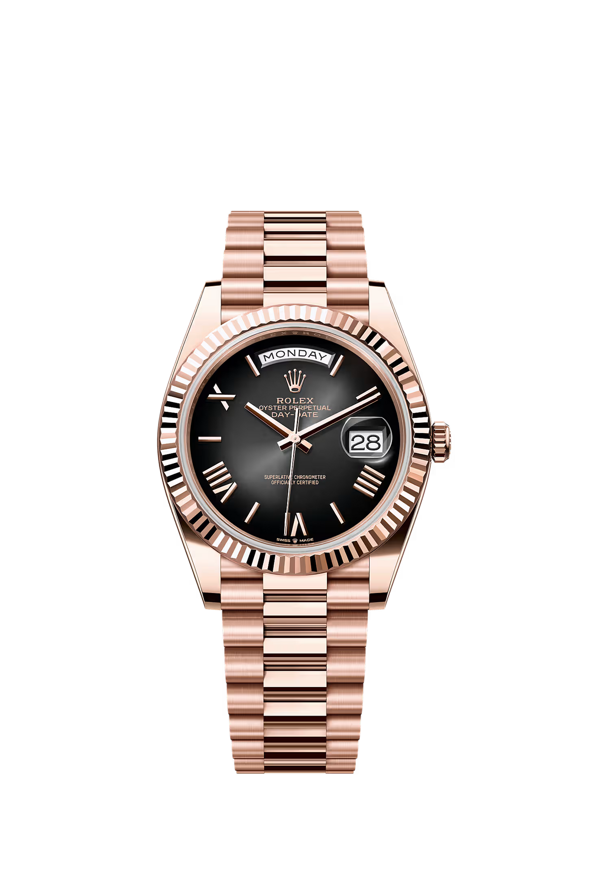 Rose gold watch with black dial on a white background