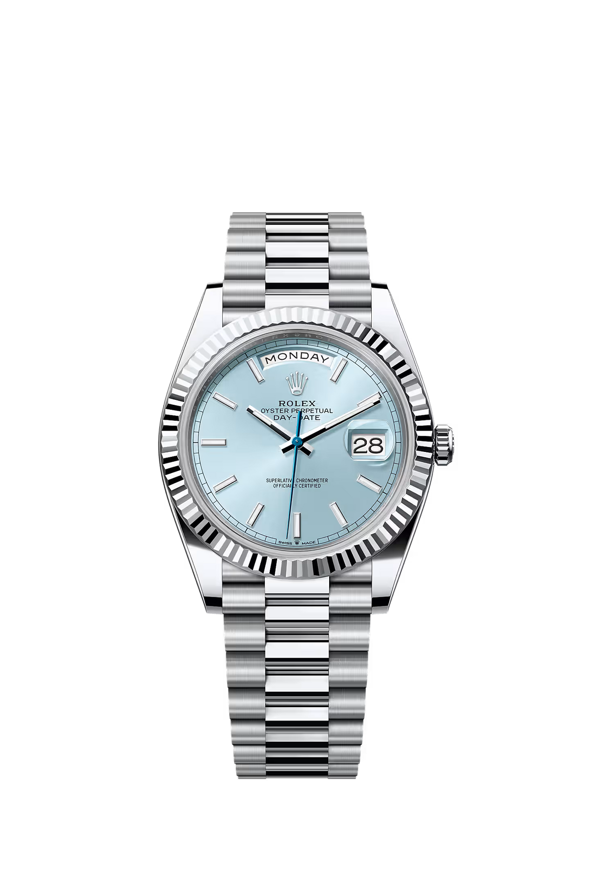 Silver watch with a light blue face on a black background