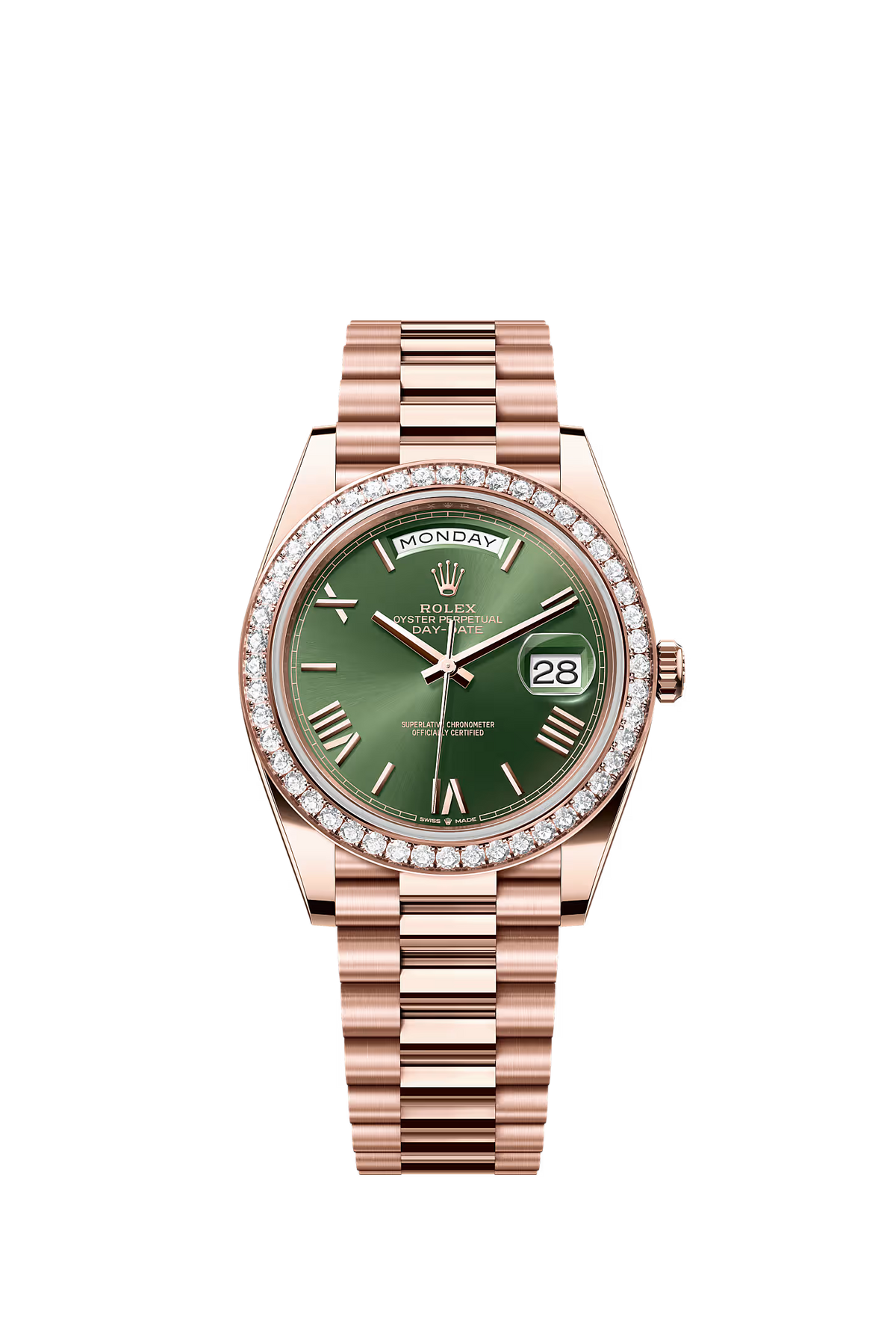 Rolex Day-Date 40 228345RBR — Factory Diamond Bezel, Olive Roman Numeral Dial