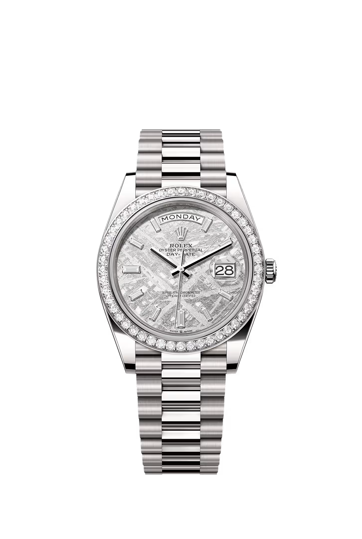 Rolex Day-Date 40 228349RBR — Factory Diamond Bezel, Meteorite Baguette Dial