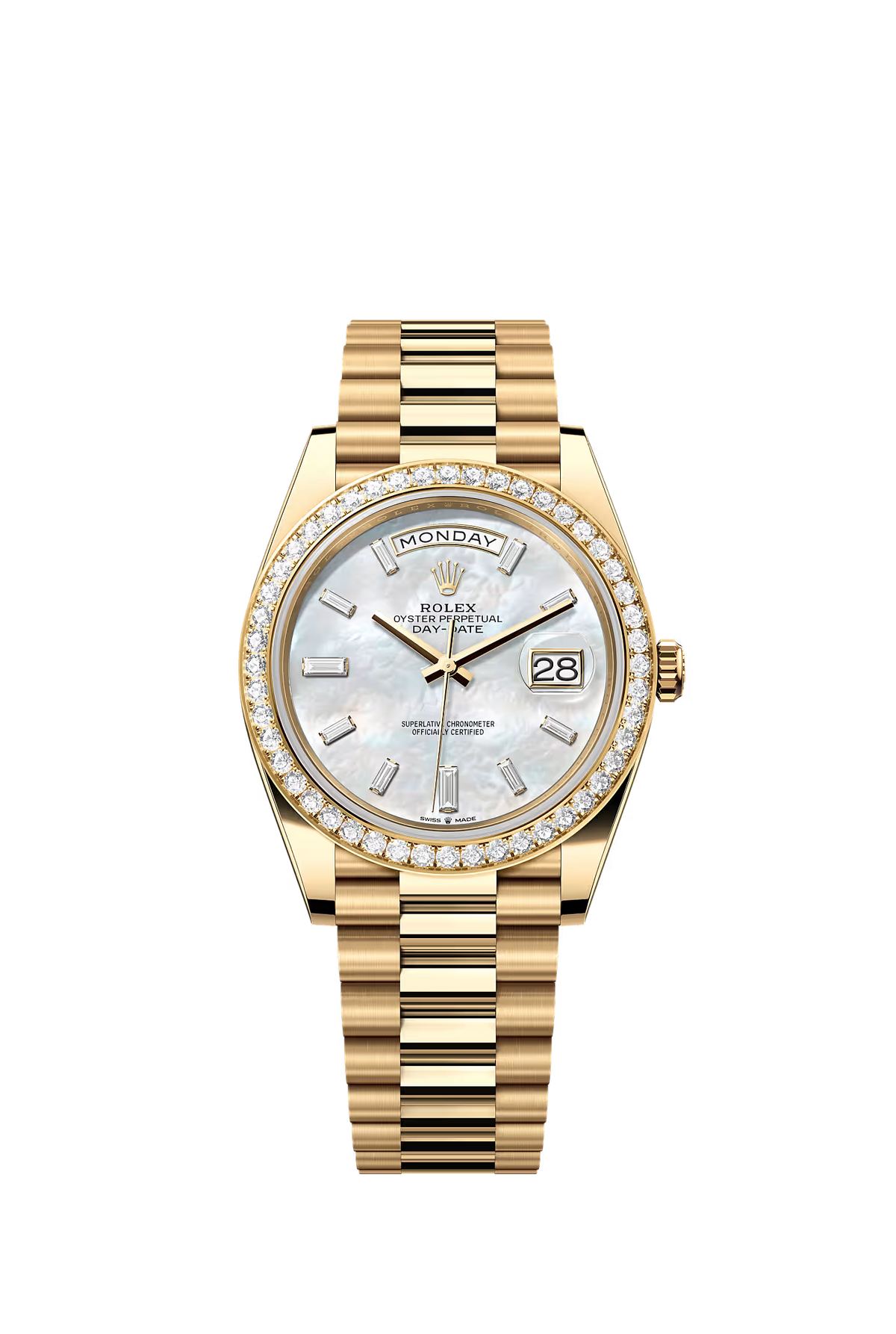 Rolex Day-Date 40 228348RBR — Factory Diamond Bezel, White Mother-of-Pearl Diamond Dial