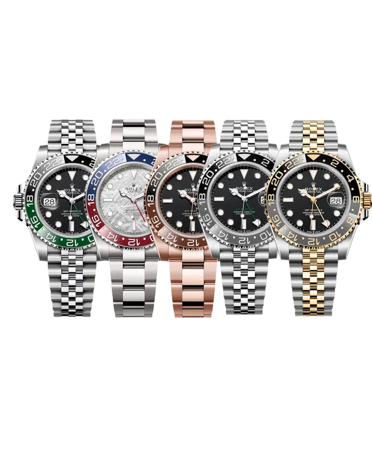 Five luxury wristwatches with stainless steel, rose gold, and yellow gold bracelets are lined up side-by-side against a white background. The watches feature black dials, bezel inserts in green, red, blue, black, and black-and-gold, and date windows.