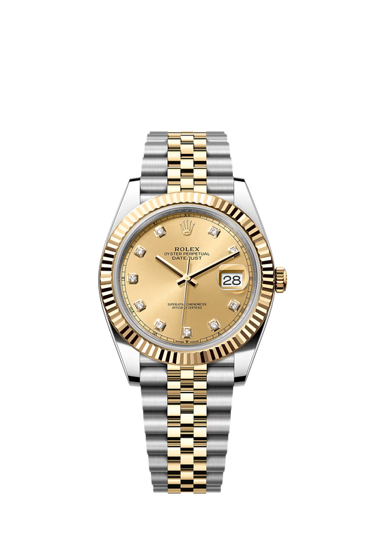 Rolex Datejust 41 126303 — Champagne Diamond Dial, Fluted Bezel, Jubilee