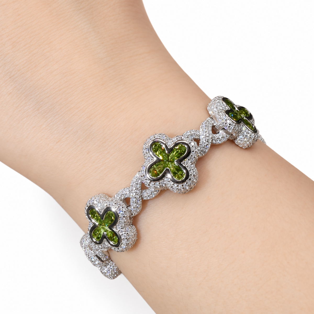 Olive Green Moissanite Flower Infinity Bracelet
