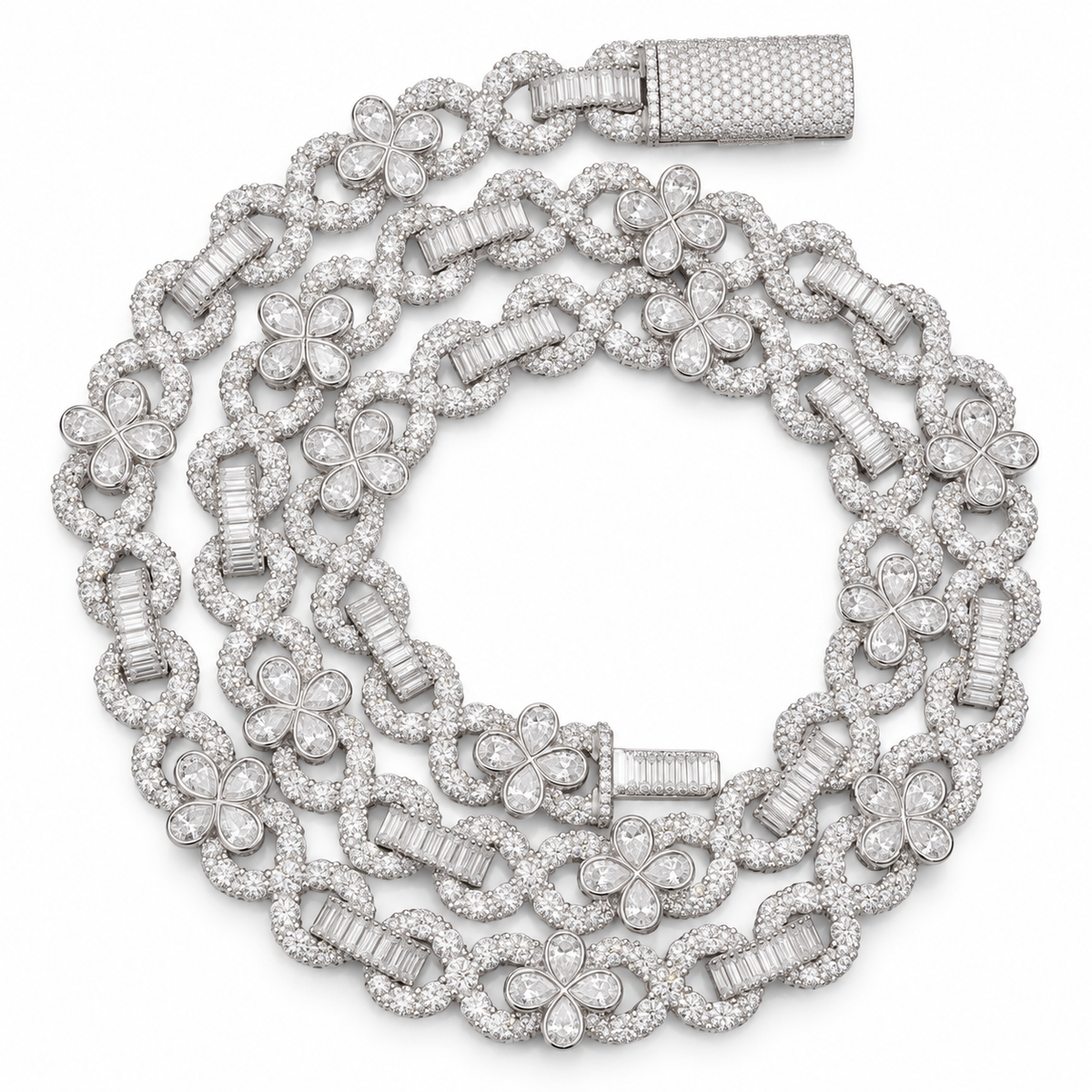 Flower Infinity Cuban Link Chain with Baguette and Pear
