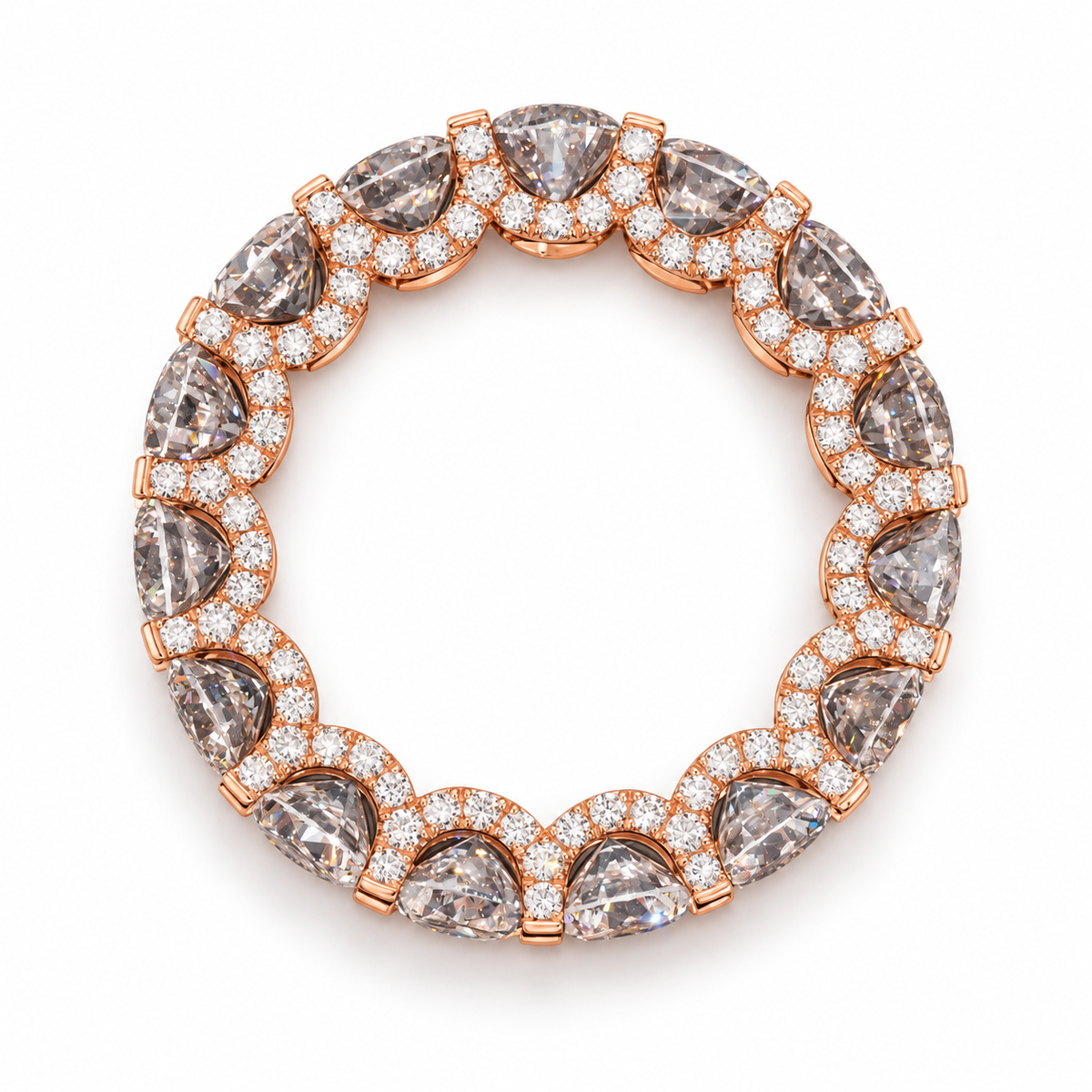 A rose gold eternity ring featuring marquise-cut gray diamonds and round brilliant-cut diamonds, photographed on a clean white background.