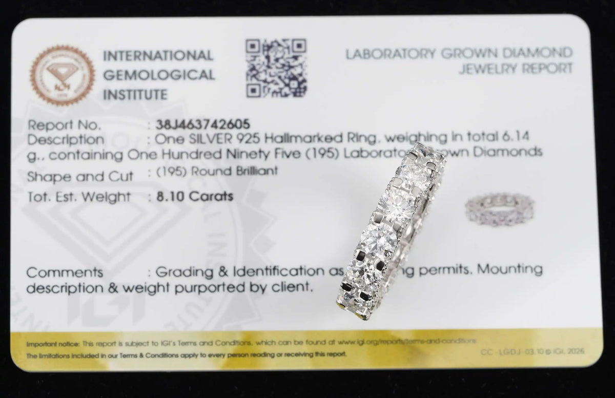 A silver halo ring displayed on top of an International Gemological Institute laboratory grown diamond jewelry report card, with the ZUANFA logo in the top left corner.
