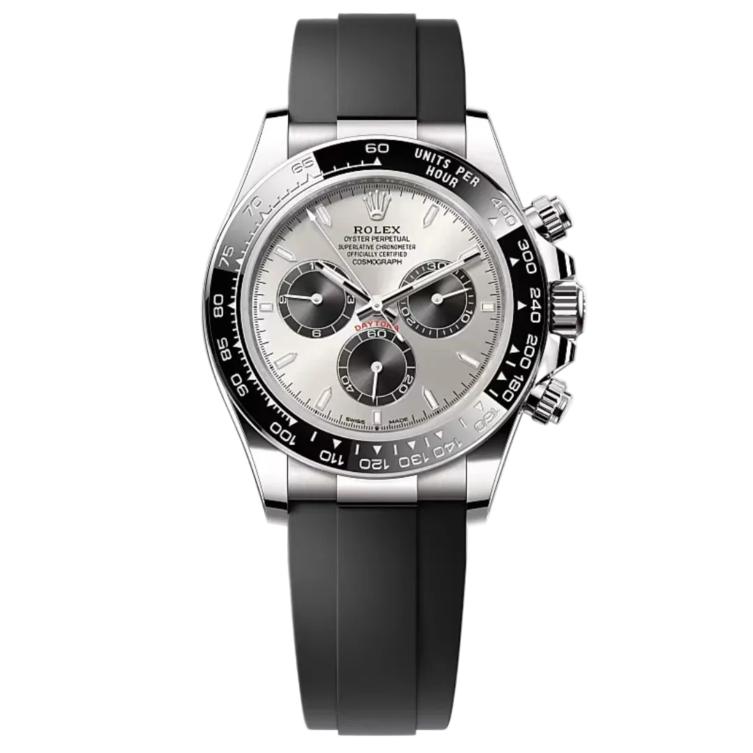Rolex watch with black rubber strap and silver case on white background