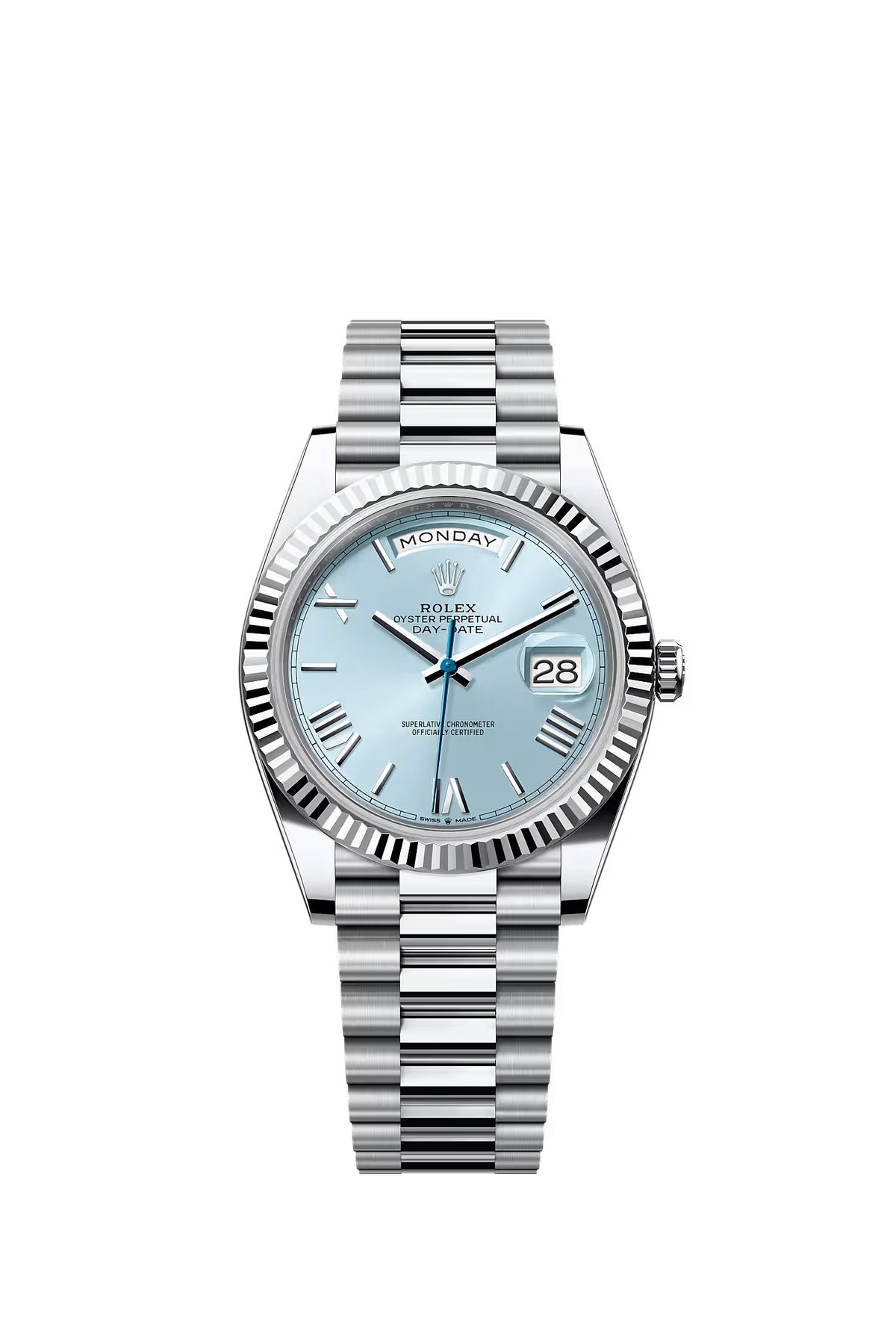 Silver watch with a light blue face on a black background