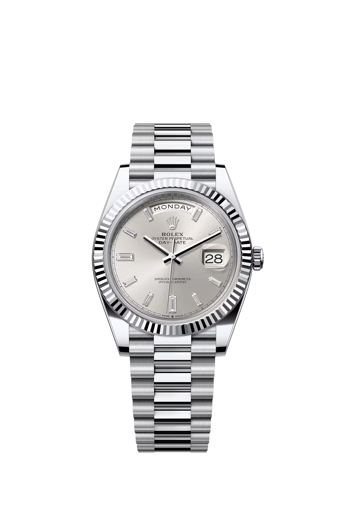 Silver Rolex watch with a dark background