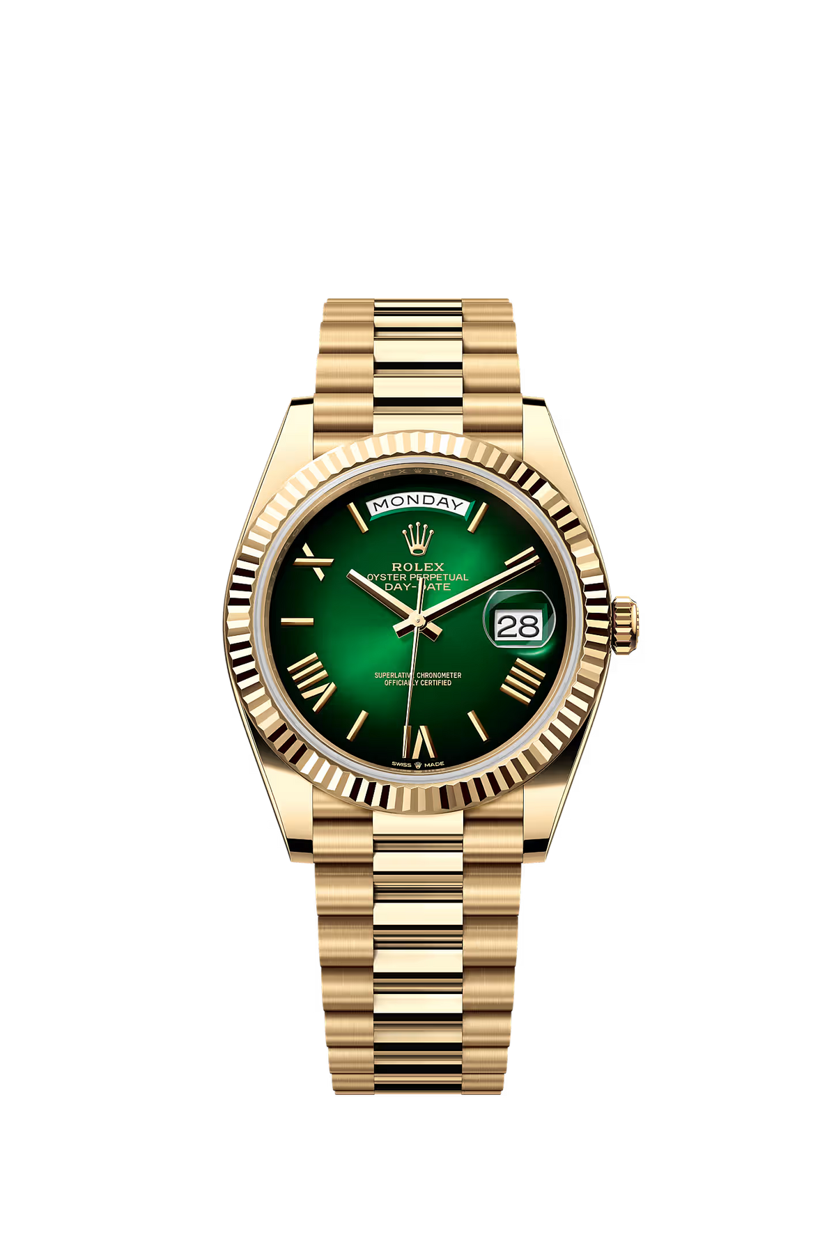 Rolex Day-Date watch with a gold-tone jubilee bracelet, fluted bezel, and a green sunburst dial with a date window.
