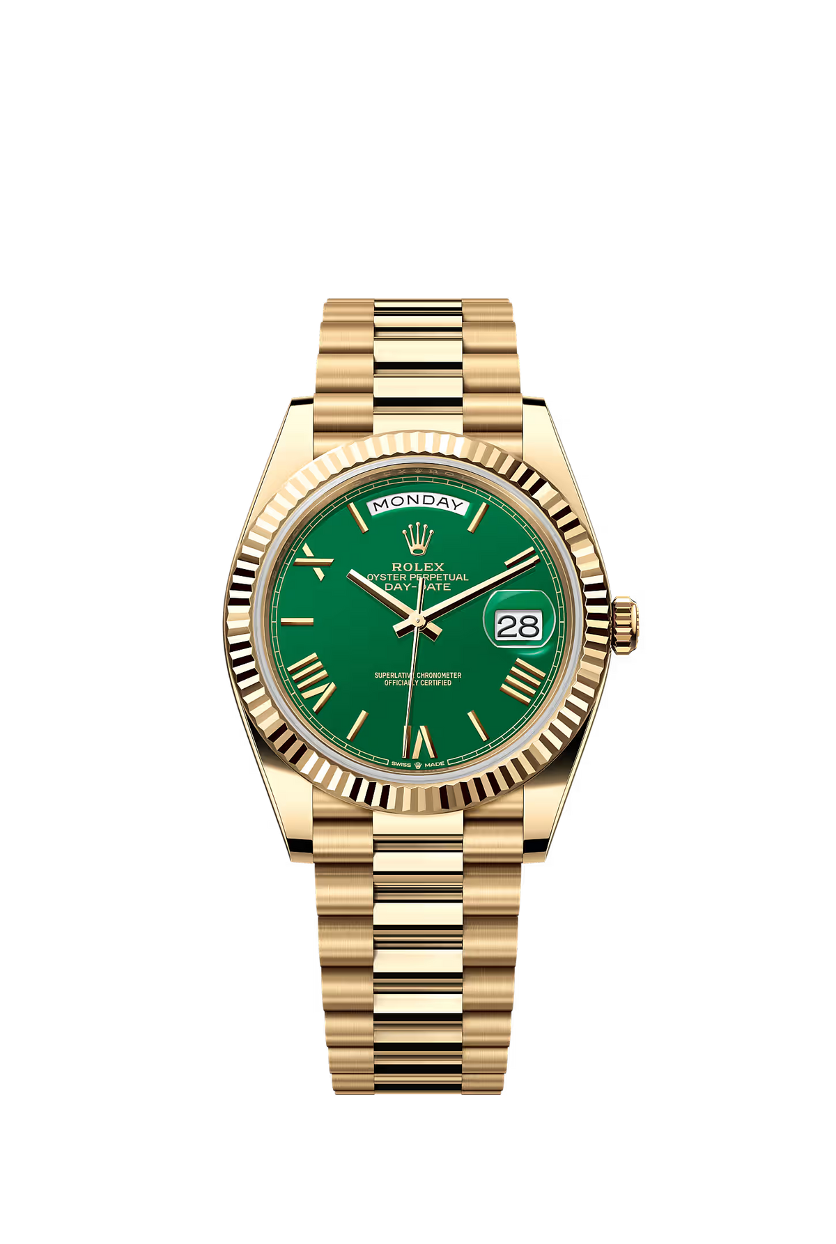 Gold watch with a green face on a white background