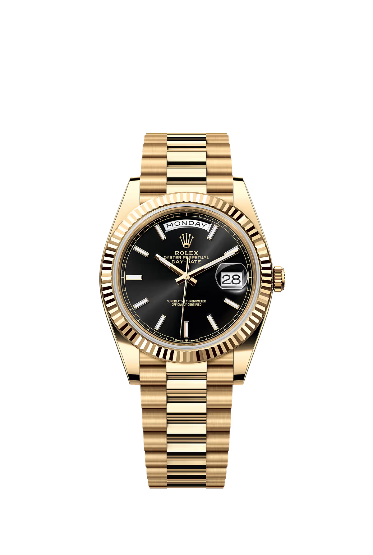 A Rolex Day Date watch with a gold-tone metal case, fluted bezel, and matching gold-tone Oyster bracelet. The black dial features white hour markers, gold-tone hands, a day and date window at the 12 o'clock position, and a 24-hour date display at the 3 o'clock position.