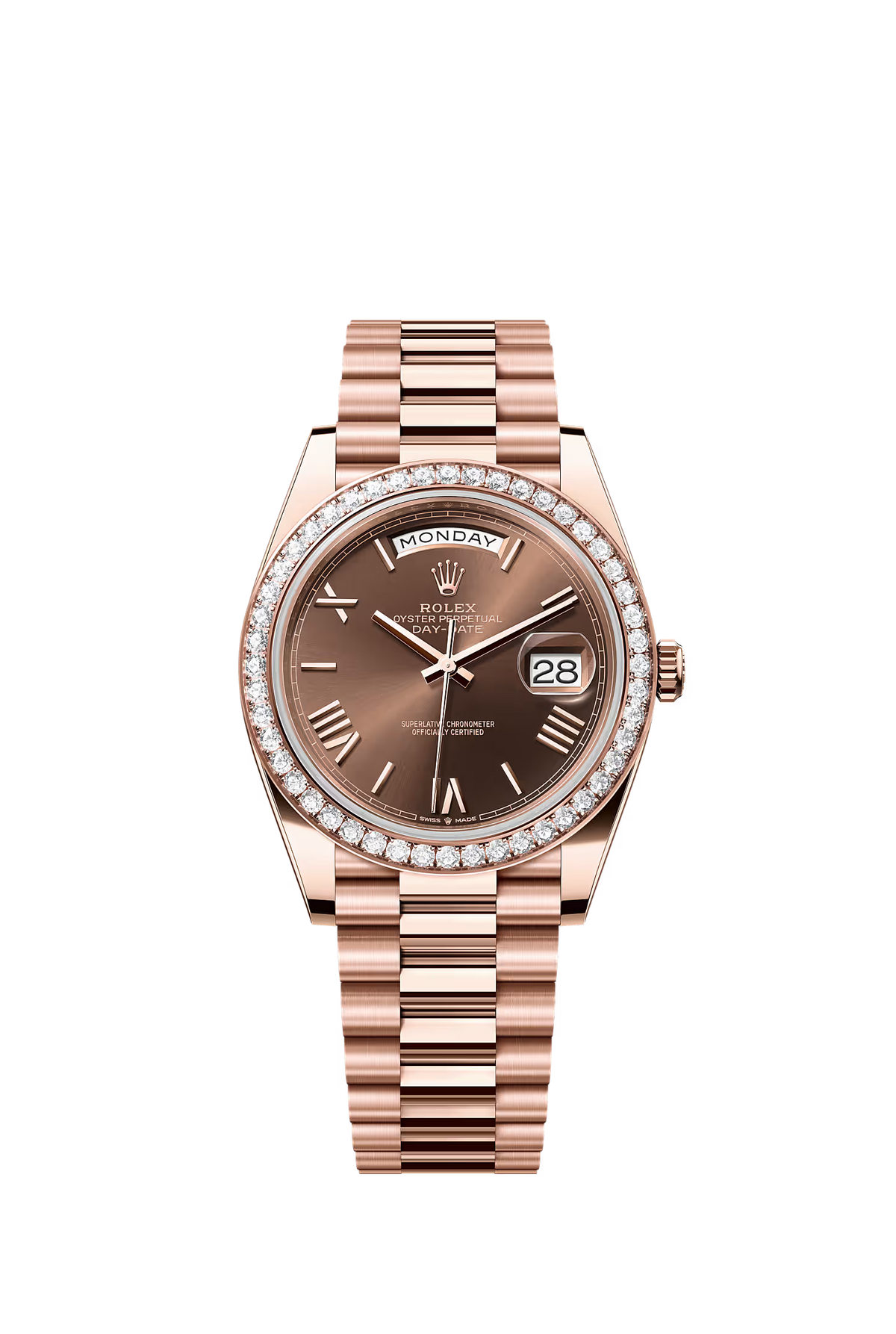 Rolex Datejust watch in rose gold with a brown dial, diamond bezel, and matching rose gold Jubilee bracelet, shown on a plain white background.