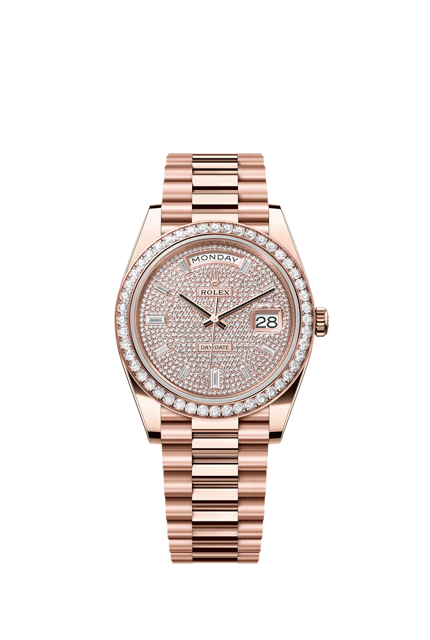 Rolex Day-Date 40 228345RBR — Factory Sundust Baguette Dial, Diamond Bezel