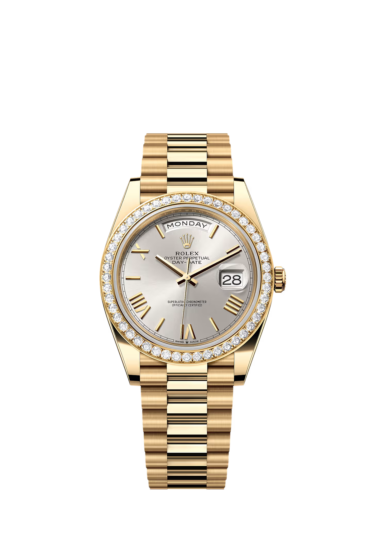 Rolex Day-Date 40 228348RBR — Factory Diamond Bezel, Silver Dial