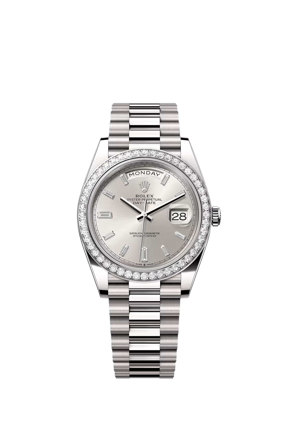 Rolex Day-Date 40 228349RBR — Factory Diamond Bezel, Silver Diamond Dial
