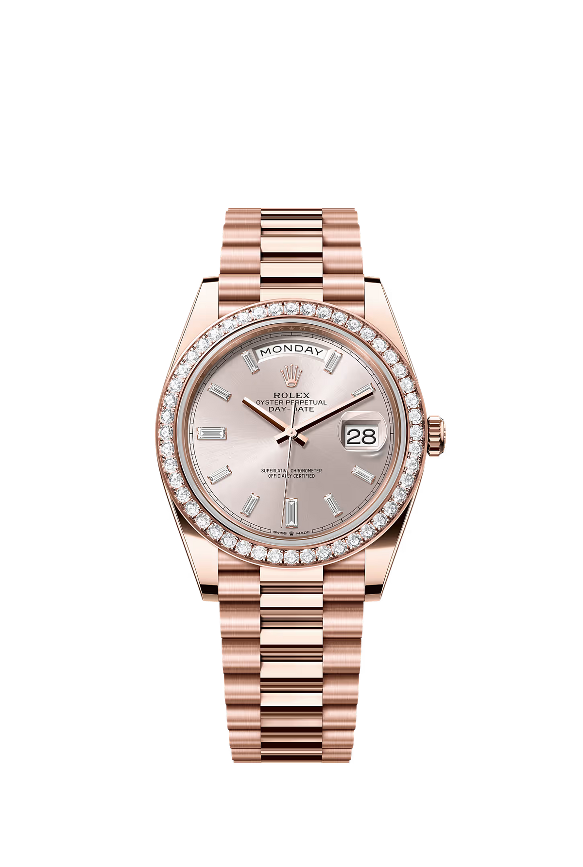 Rolex Day-Date 40 228345RBR — Factory Sundust Baguette Dial, Diamond Bezel