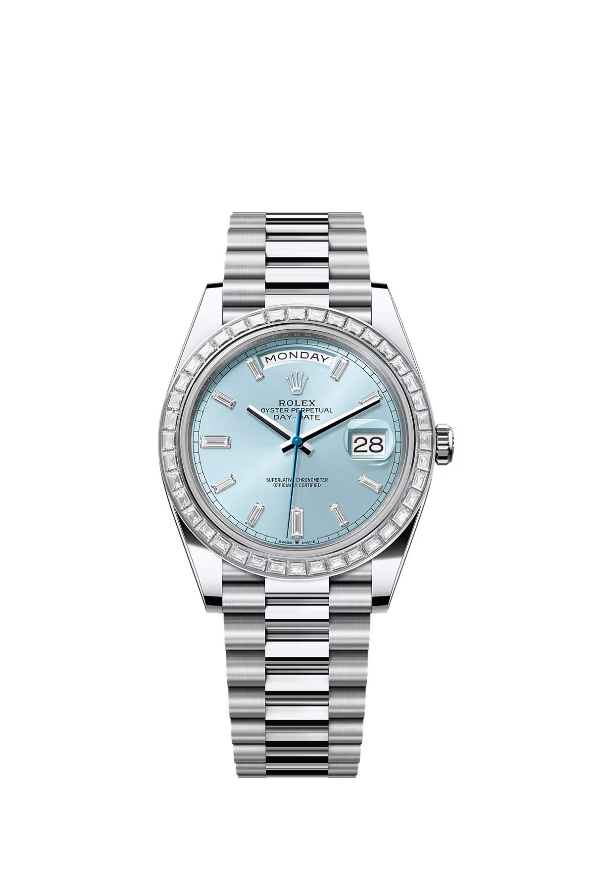 Rolex Day-Date 40 228396TBR — Factory Diamond Bezel & Lugs, Ice Blue Dial