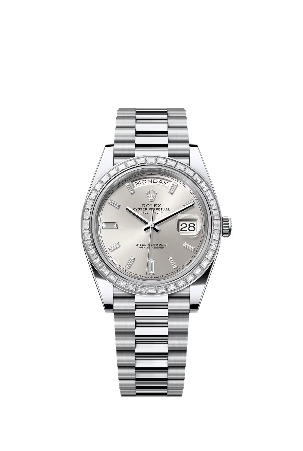 Rolex Day-Date 40 228396TBR — Factory Diamond Bezel & Lugs, Silver Diamond Dial