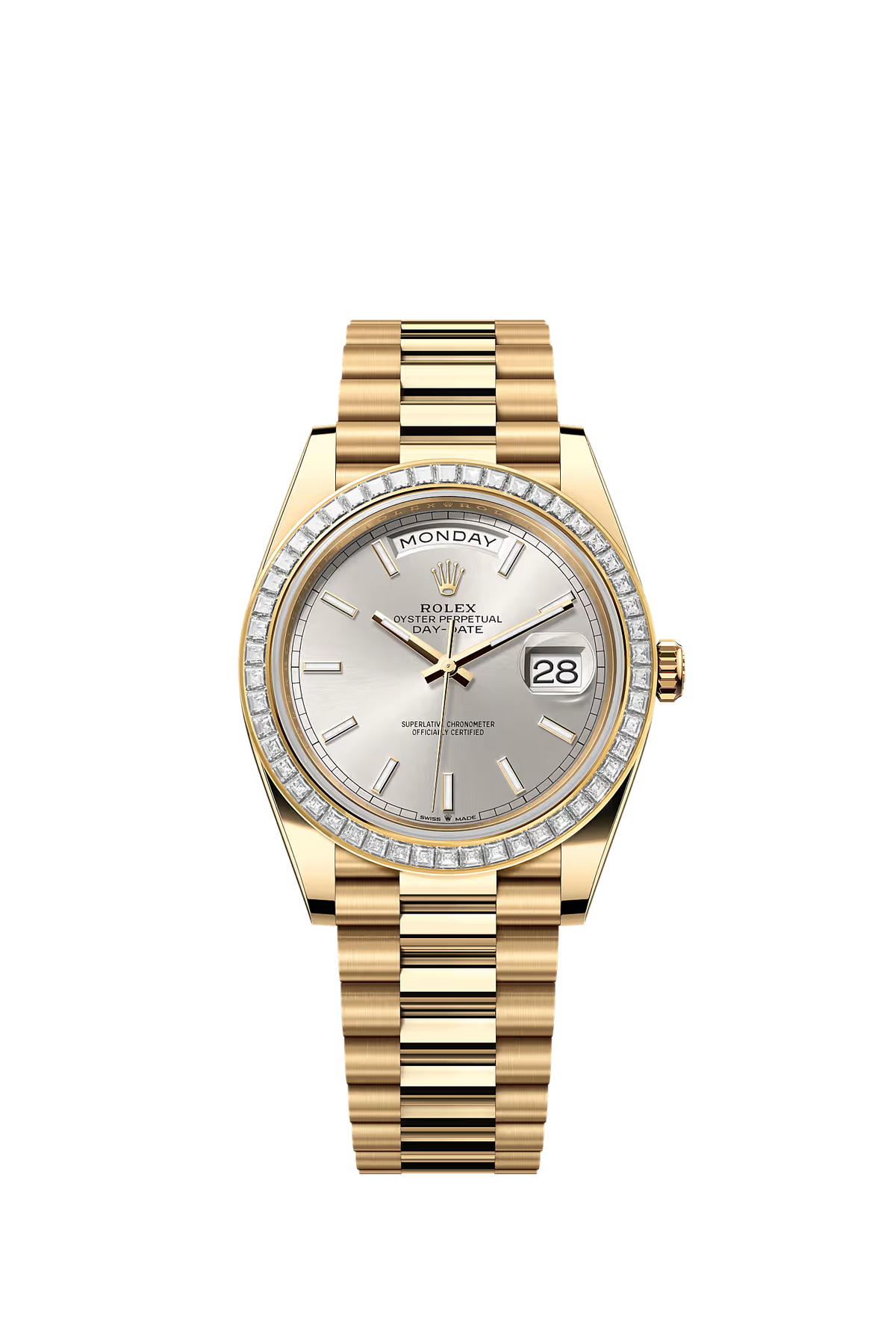 Rolex Day-Date 40 228398TBR — Factory Diamond Bezel & Lugs, Silver Dial (-0040)