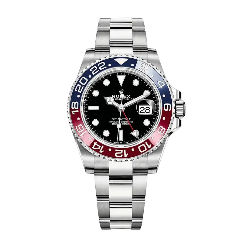 Rolex gmt master ii Date watch with a silver stainless steel Oyster bracelet, black dial, and a blue and red ceramic bezel.