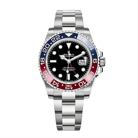 Rolex gmt master ii Date watch with a silver stainless steel Oyster bracelet, black dial, and a blue and red ceramic bezel.