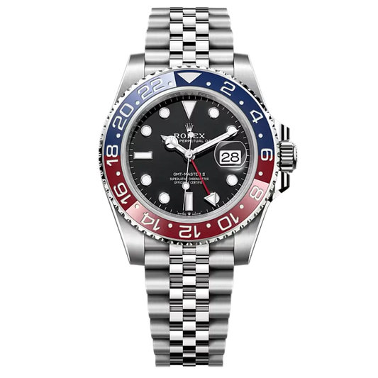 Rolex GMT master II Datejust wristwatch with a stainless steel Oyster bracelet, featuring a black dial, a blue and red Pepsi-style bezel, and a date window.