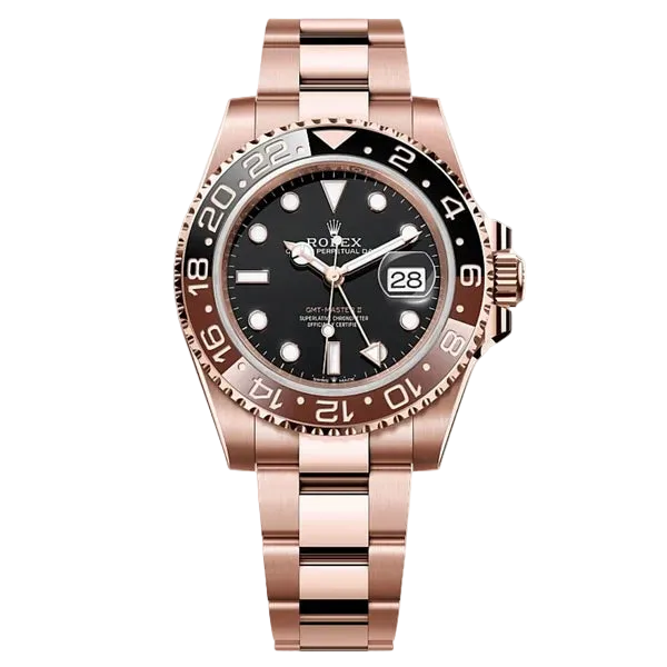 Rolex Submariner Date watch with a rose gold-tone Oyster bracelet, black dial, and a black-and-white bezel.