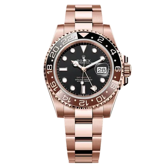 Rolex Submariner Date watch with a rose gold-tone Oyster bracelet, black dial, and a black-and-white bezel.