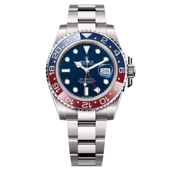 Rolex watch with blue and red bezel on a white background