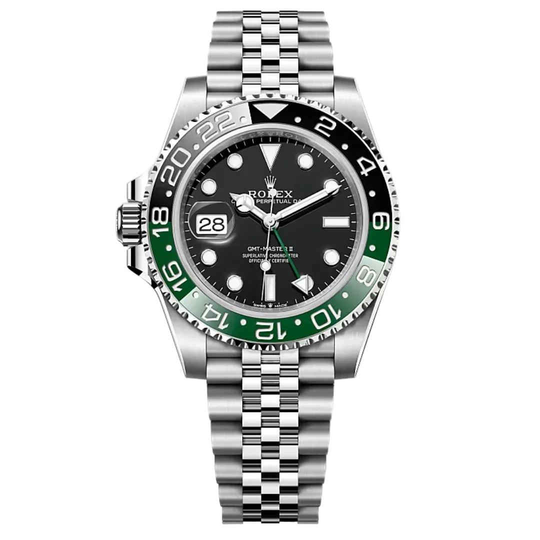 Rolex Datejust watch with a stainless steel Oyster bracelet, black dial, and a two-tone black and green ceramic bezel.