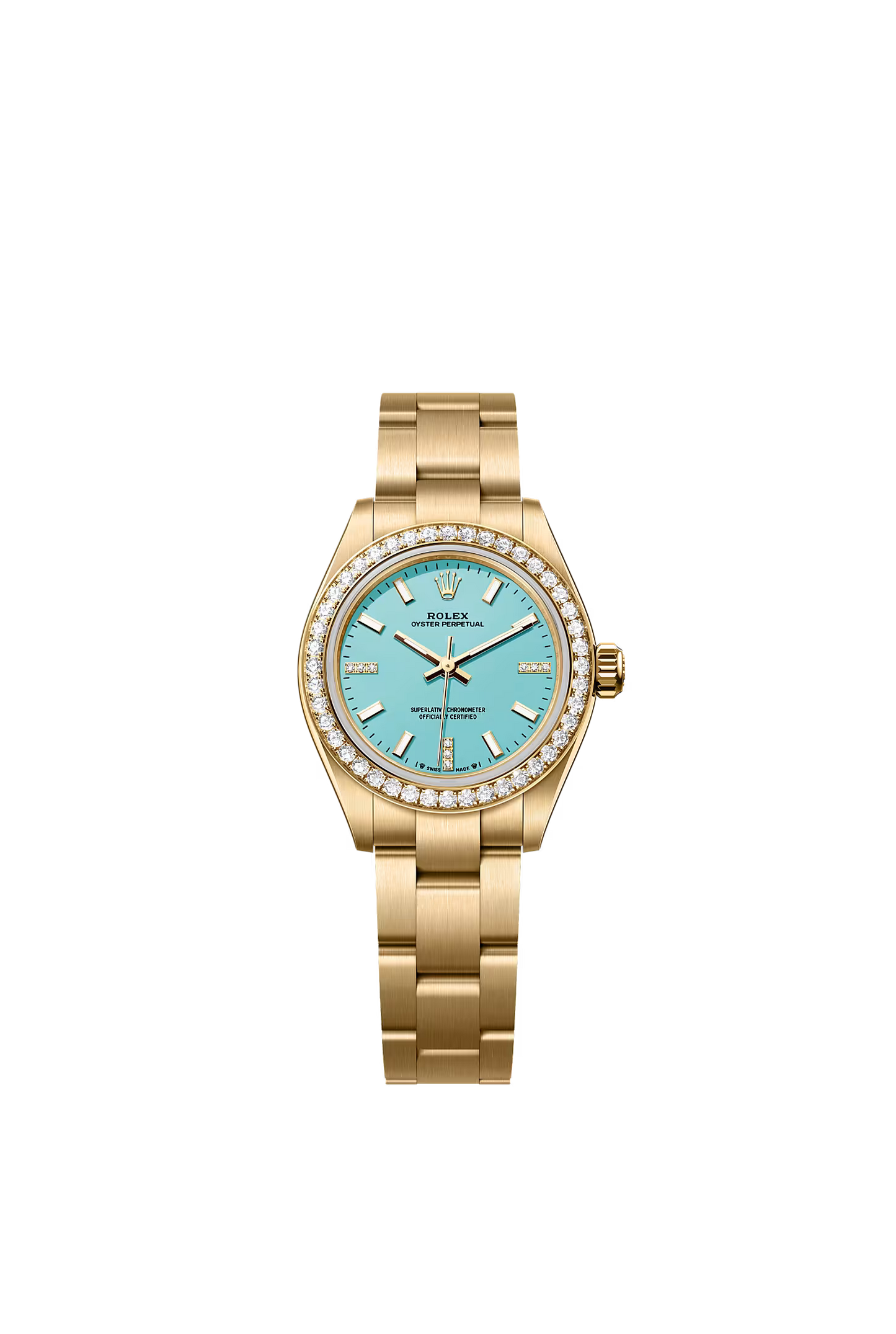Rolex Oyster Perpetual 28 276248RBR — Yellow Gold, Turquoise Blue Diamond Dial