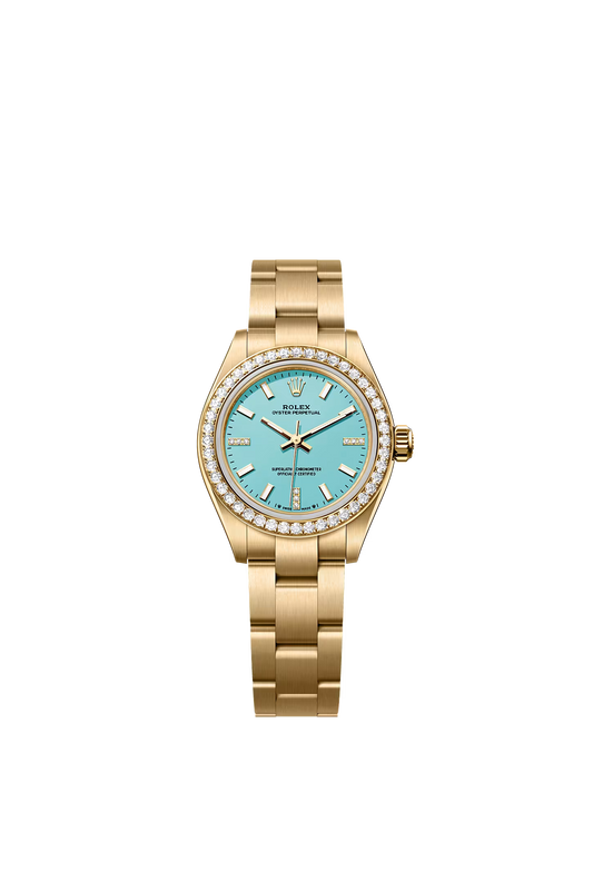 Rolex Oyster Perpetual 28 276248RBR — Yellow Gold, Turquoise Blue Diamond Dial