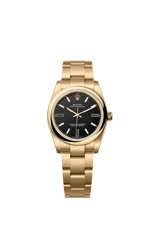 Rolex Oyster Perpetual 34 124208 — 18ct Yellow Gold, Black Dial