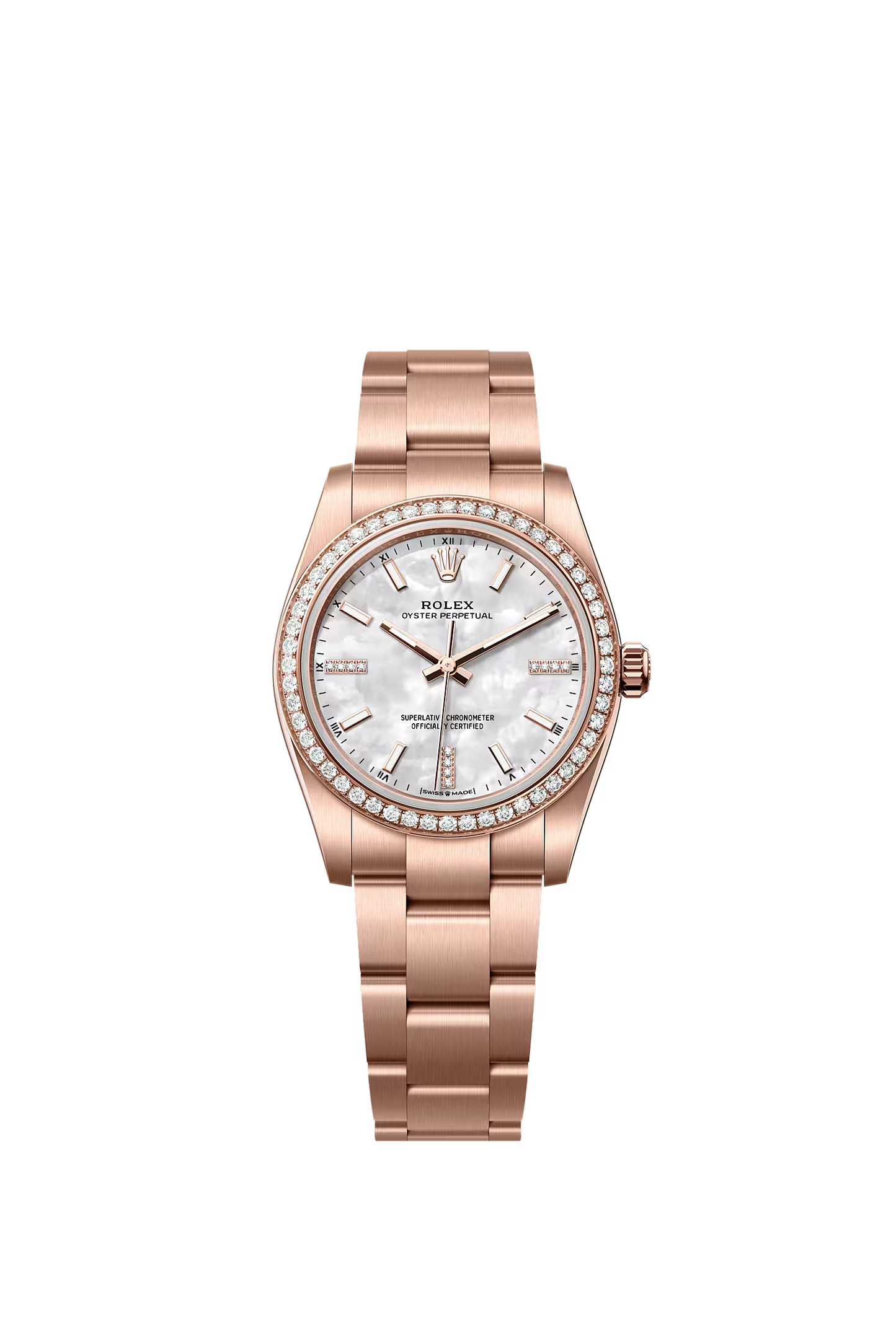 Rolex Oyster Perpetual 34 124245RBR — Everose Gold, White MOP Diamond Dial
