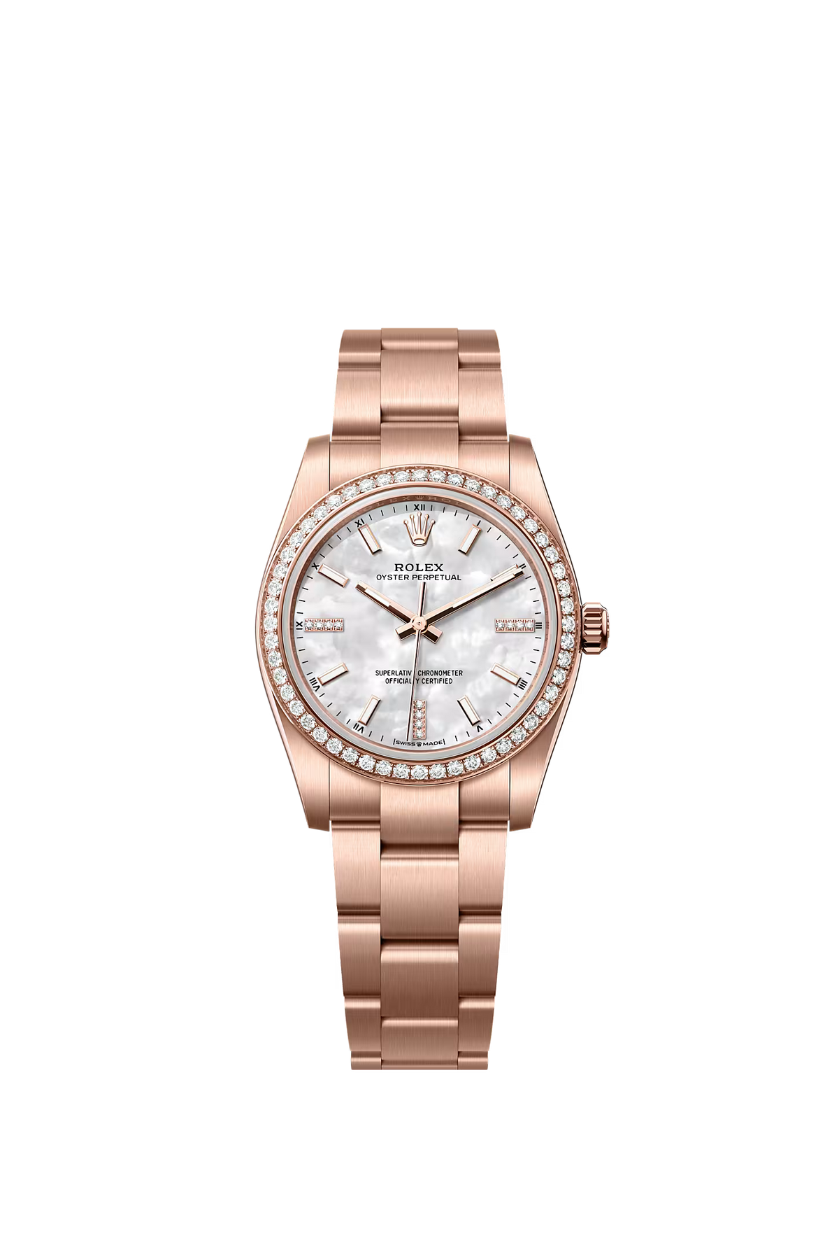 Rolex Oyster Perpetual 34 124245RBR — Everose Gold, White MOP Diamond Dial watch by Noir Flare