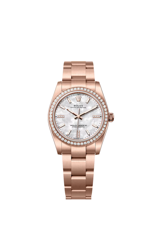 Rolex Oyster Perpetual 34 124245RBR — Everose Gold, White MOP Diamond Dial