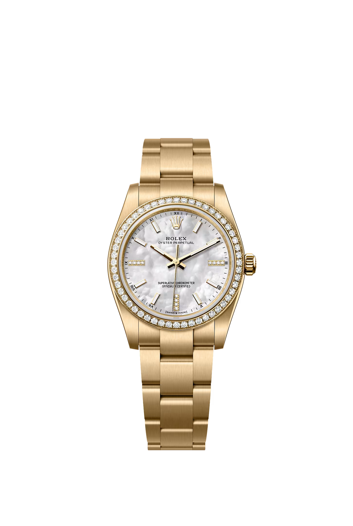 Rolex Oyster Perpetual 34 124248RBR — Yellow Gold, White MOP Diamond Dial
