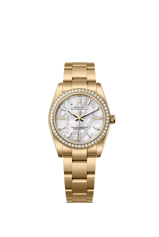 Rolex Oyster Perpetual 34 124248RBR — Yellow Gold, White MOP Diamond Dial