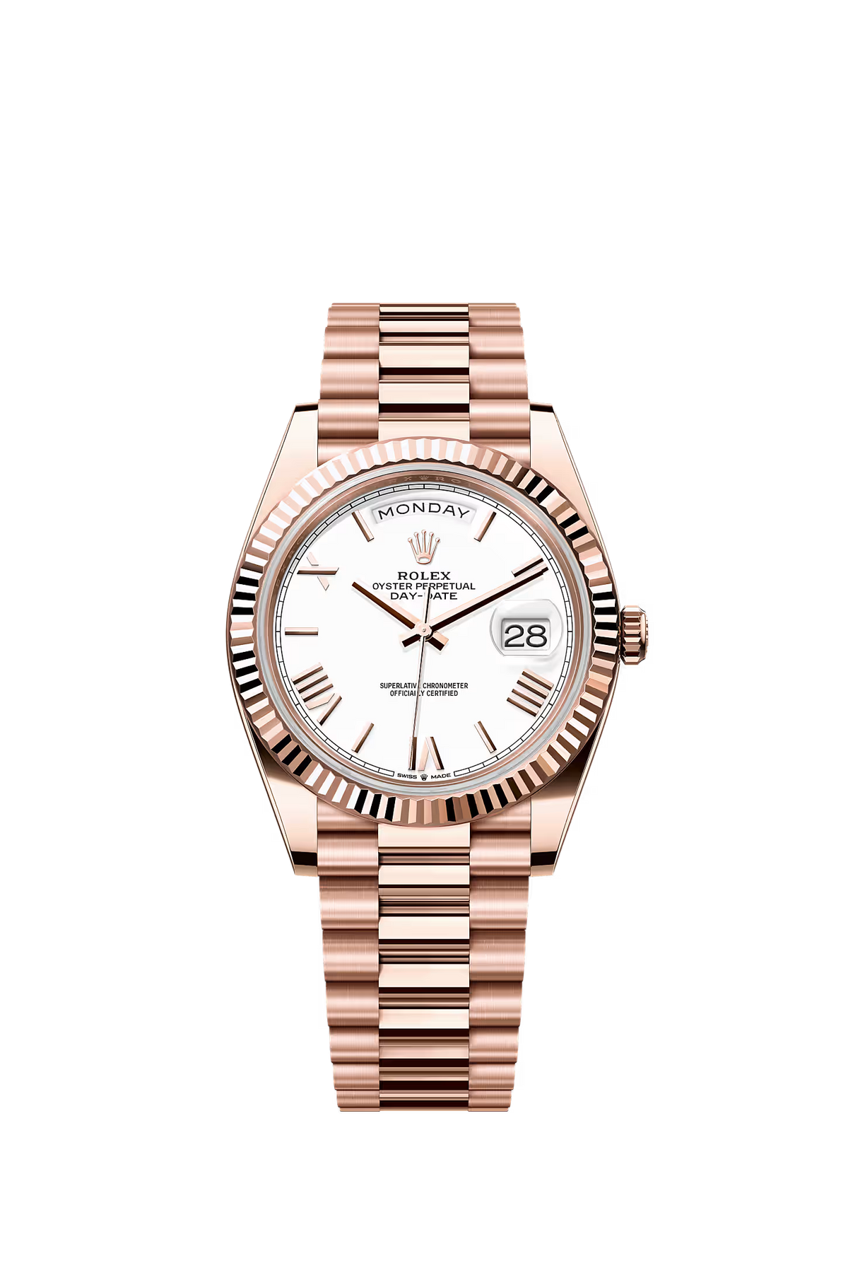 Gold wristwatch with a white face on a white background