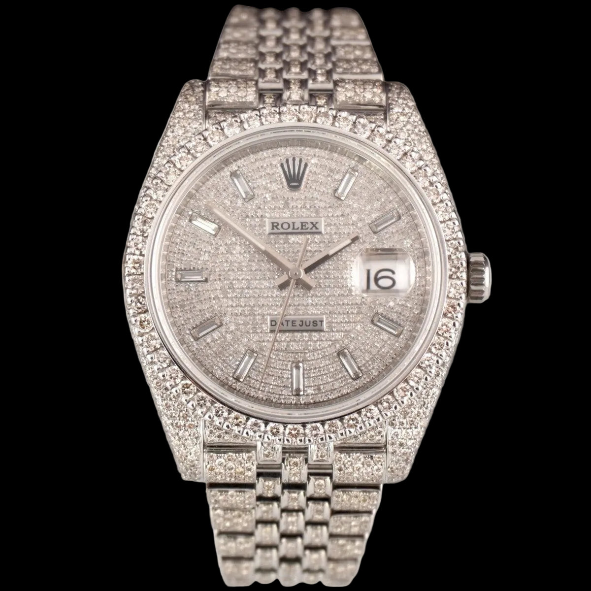 A Rolex Datejust watch with a diamond-encrusted silver-tone bracelet and textured dial, shown against a light gray draped background.