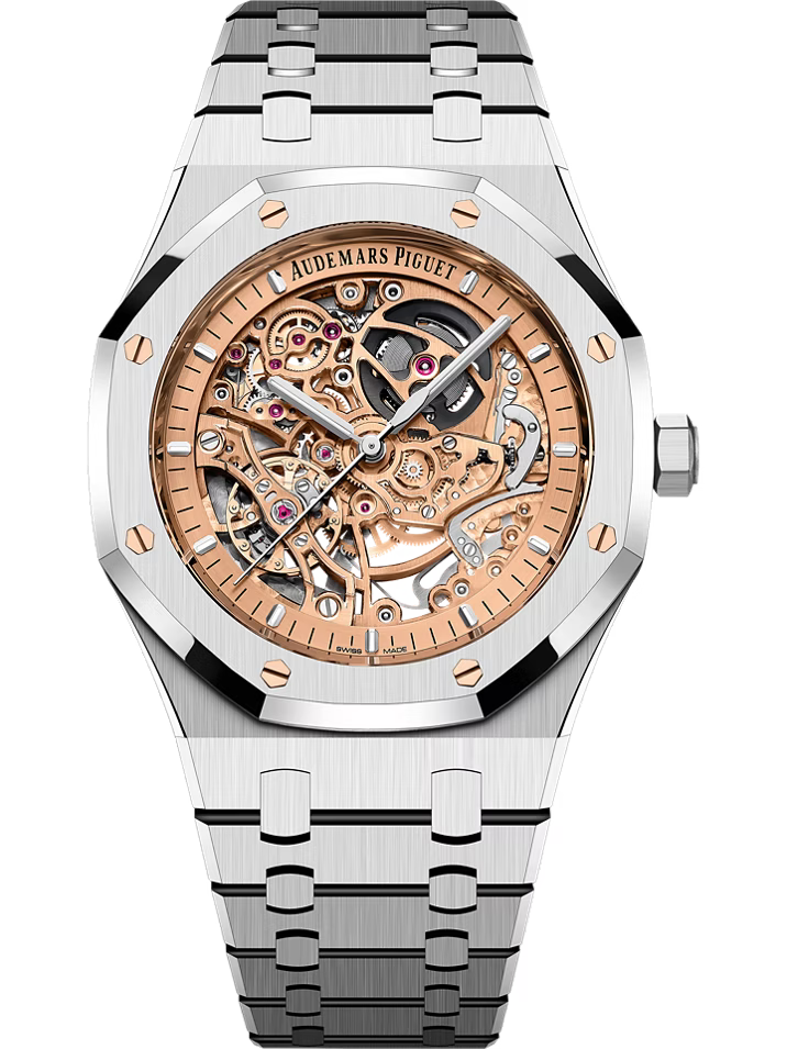 Luxury watch with rose gold and silver design on a white background