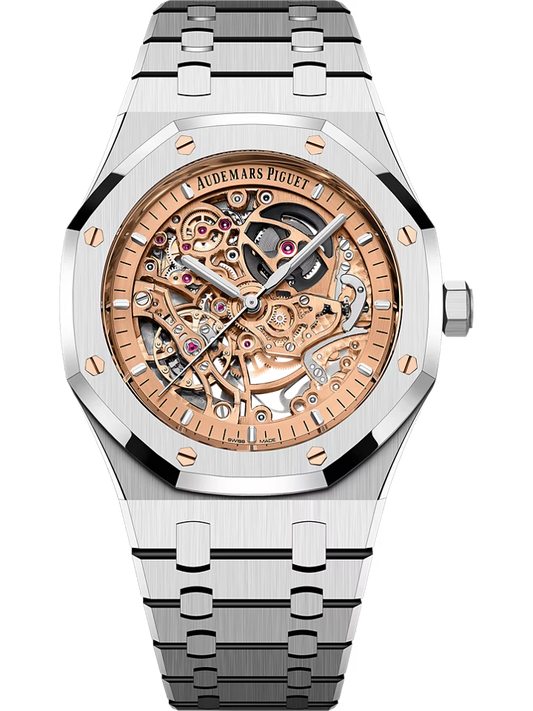 Luxury watch with rose gold and silver design on a white background